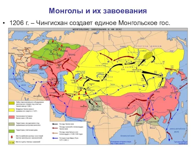 Монголы и их завоевания 1206 г. – Чингисхан создает единое Монгольское гос.