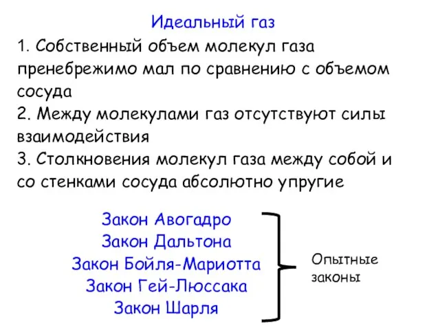 Идеальный газ 1. Собственный объем молекул газа пренебрежимо мал по сравнению с