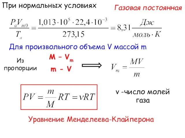 При нормальных условиях Газовая постоянная M – Vm m - V Для