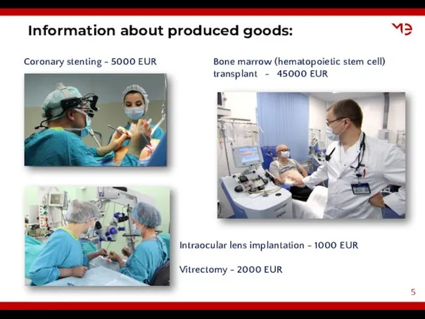 Information about produced goods: Coronary stenting - 5000 EUR Bone marrow (hematopoietic