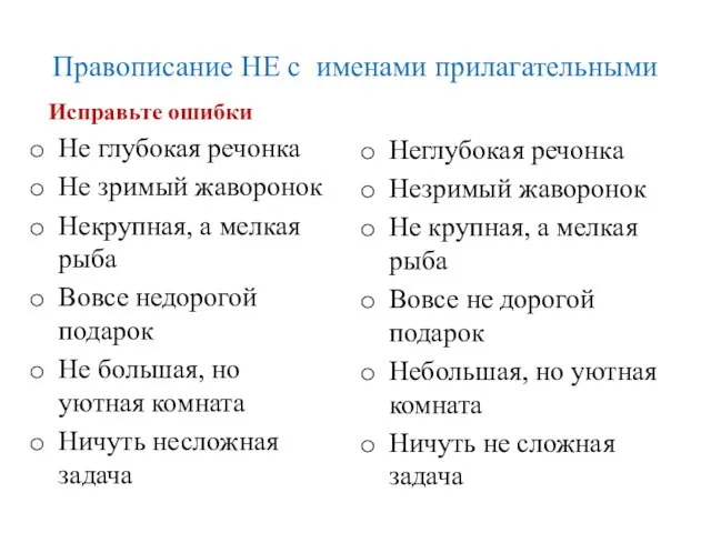 Правописание НЕ с именами прилагательными Исправьте ошибки Не глубокая речонка Не зримый