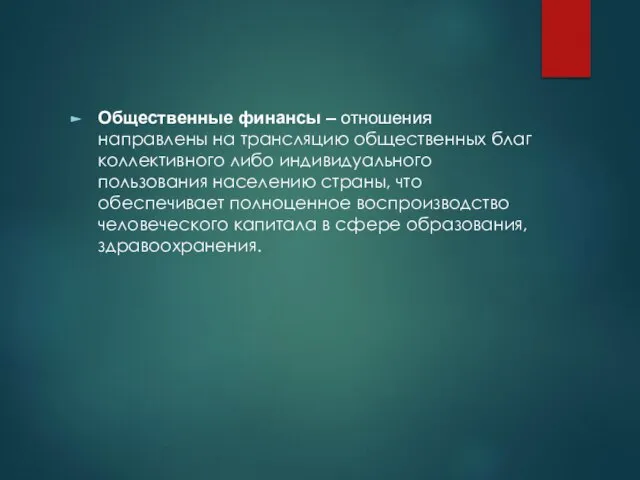 Общественные финансы – отношения направлены на трансляцию общественных благ коллективного либо индивидуального