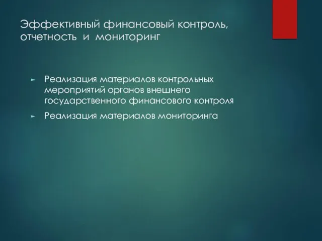 Эффективный финансовый контроль, отчетность и мониторинг Реализация материалов контрольных мероприятий органов внешнего