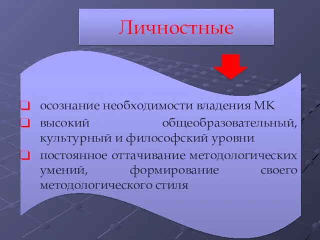 Личностные осознание необходимости владения МК высокий общеобразовательный, культурный и философский уровни постоянное