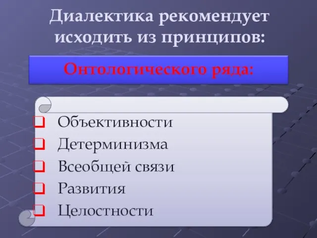 Диалектика рекомендует исходить из принципов: Объективности Детерминизма Всеобщей связи Развития Целостности