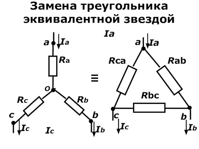 Замена треугольника эквивалентной звездой c O a b Ra Rb Rc ≡
