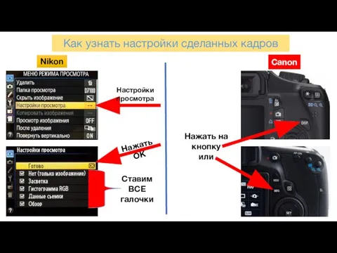 Как узнать настройки сделанных кадров Нажать на кнопку или Canon Nikon Настройки