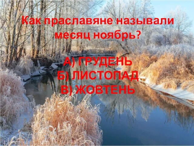 А) ГРУДЕНЬ Б) ЛИСТОПАД В) ЖОВТЕНЬ Как праславяне называли месяц ноябрь?