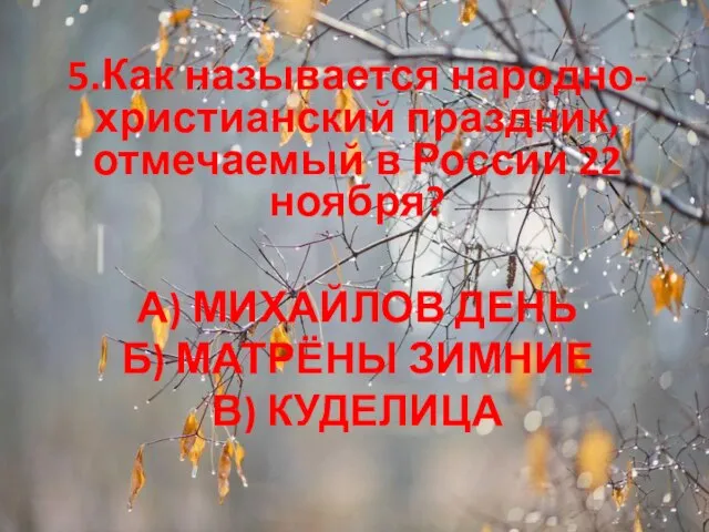 А) МИХАЙЛОВ ДЕНЬ Б) МАТРЁНЫ ЗИМНИЕ В) КУДЕЛИЦА 5.Как называется народно-христианский праздник,