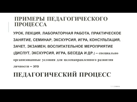 ПРИМЕРЫ ПЕДАГОГИЧЕСКОГО ПРОЦЕССА УРОК, ЛЕКЦИЯ, ЛАБОРАТОРНАЯ РАБОТА, ПРАКТИЧЕСКОЕ ЗАНЯТИЕ, СЕМИНАР, ЭКСКУРСИЯ, ИГРА,