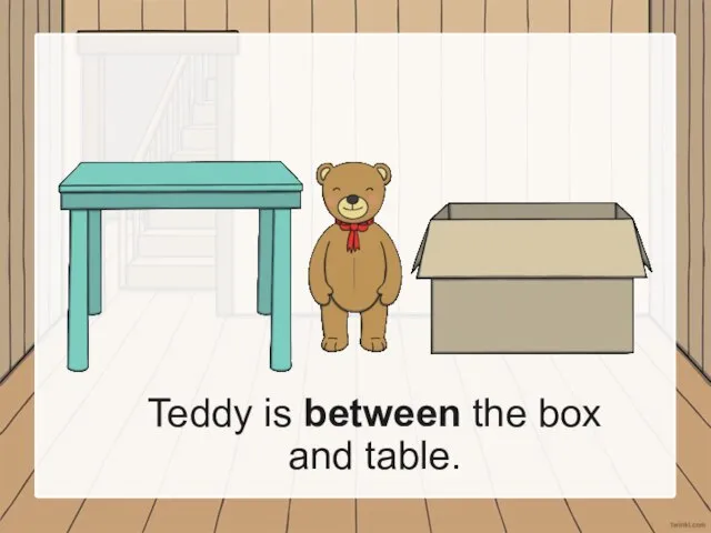 Teddy is between the box and table.