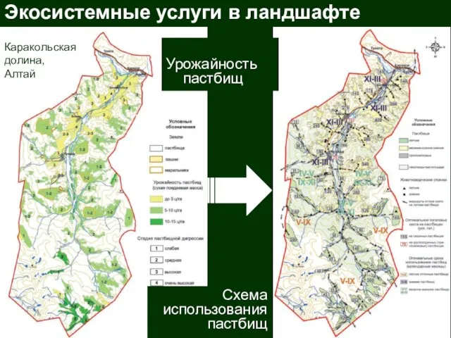 Экосистемные услуги в ландшафте Урожайность пастбищ Схема использования пастбищ Каракольская долина, Алтай
