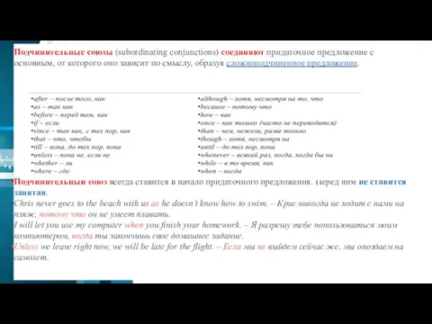 Подчинительные союзы (subordinating conjunctions) соединяют придаточное предложение с основным, от которого оно