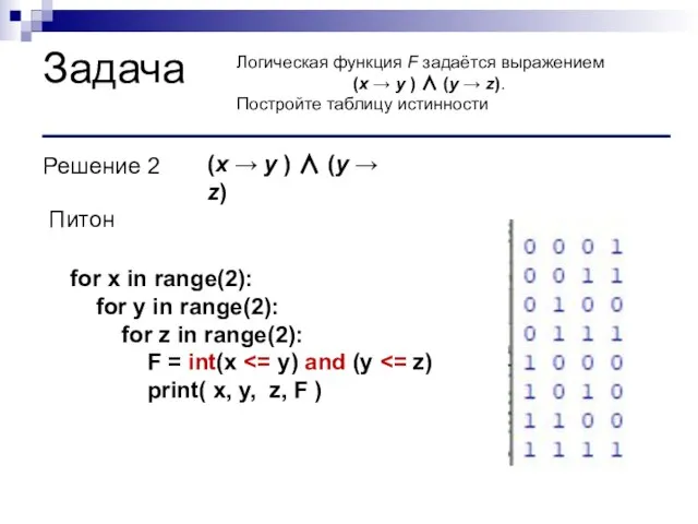 Задача Логическая функция F задаётся выражением (x → y ) ∧ (y