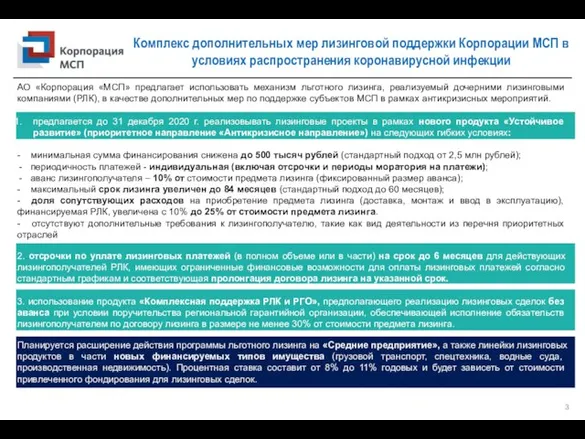 Комплекс дополнительных мер лизинговой поддержки Корпорации МСП в условиях распространения коронавирусной инфекции