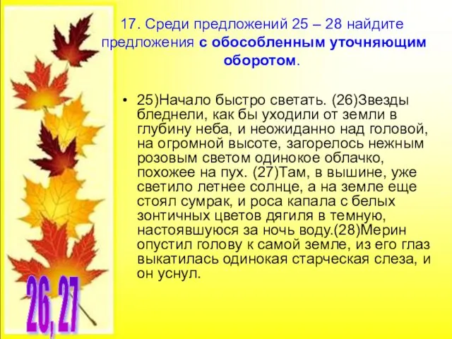 17. Среди предложений 25 – 28 найдите предложения с обособленным уточняющим оборотом.