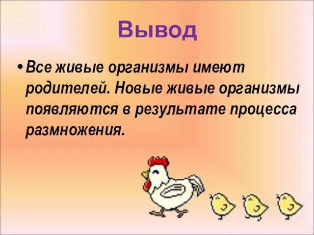 Вывод Все живые организмы имеют родителей. Новые живые организмы появляются в результате процесса размножения.