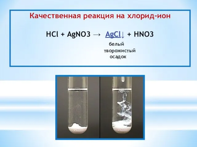 Качественная реакция на хлорид-ион HCl + AgNO3 → AgCl↓ + HNO3 белый творожистый осадок