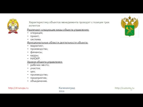 http://zf.ranepa.ru http://customs.ru Калининград 2016 Характеристику объектов менеджмента проводят с позиции трех аспектов