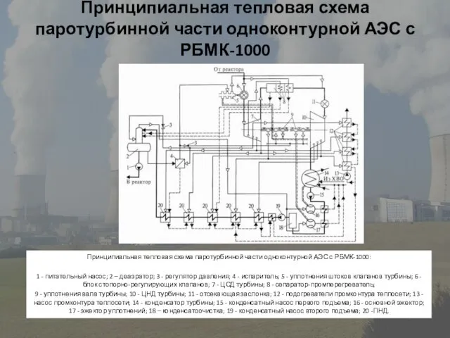 Принципиальная тепловая схема паротурбинной части одноконтурной АЭС с РБМК-1000 Принципиальная тепловая схема