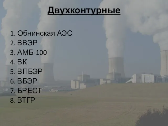 Двухконтурные 1. Обнинская АЭС 2. ВВЭР 3. АМБ-100 4. ВК 5. ВПБЭР