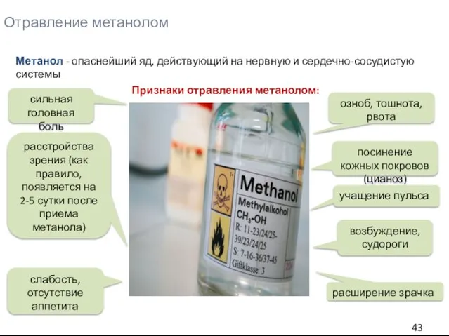 Отравление метанолом Метанол - опаснейший яд, действующий на нервную и сердечно-сосудистую системы