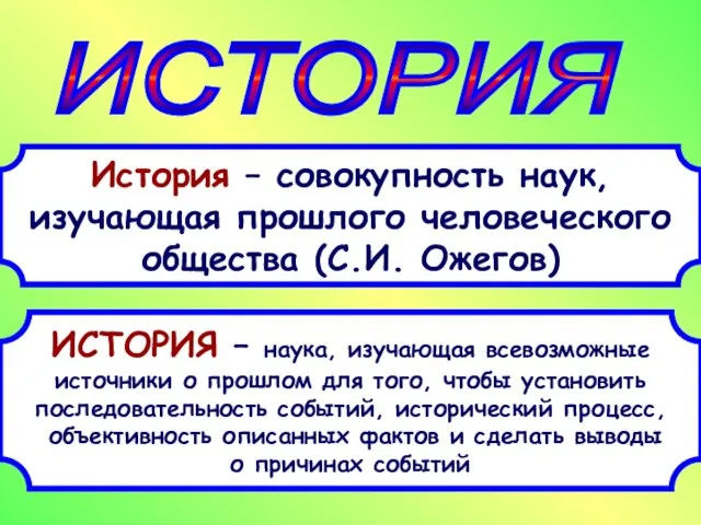 ИСТОРИЯ ? История – совокупность наук, изучающая прошлого человеческого общества (С.И. Ожегов)