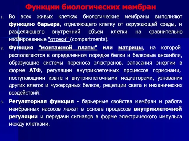 Функции биологических мембран Во всех живых клетках биологические мембраны выполняют функцию барьера,