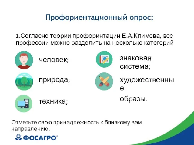 Профориентационный опрос: 1.Согласно теории профоринтации Е.А.Климова, все профессии можно разделить на несколько