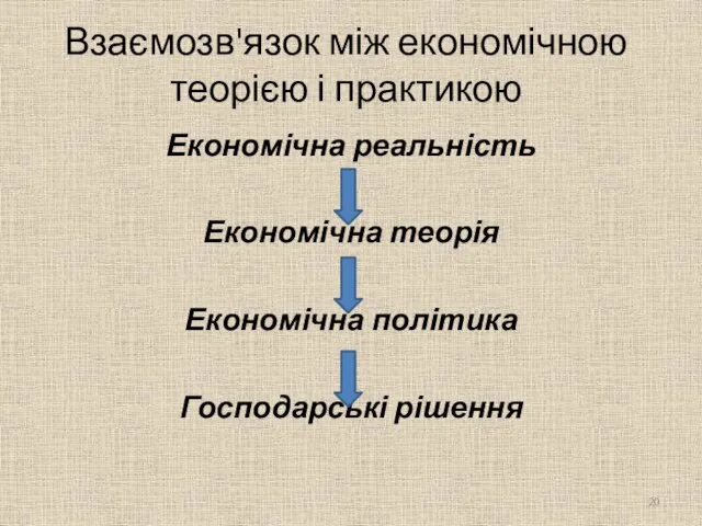 Взаємозв'язок між економічною теорією і практикою Економічна реальність Економічна теорія Економічна політика Господарські рішення