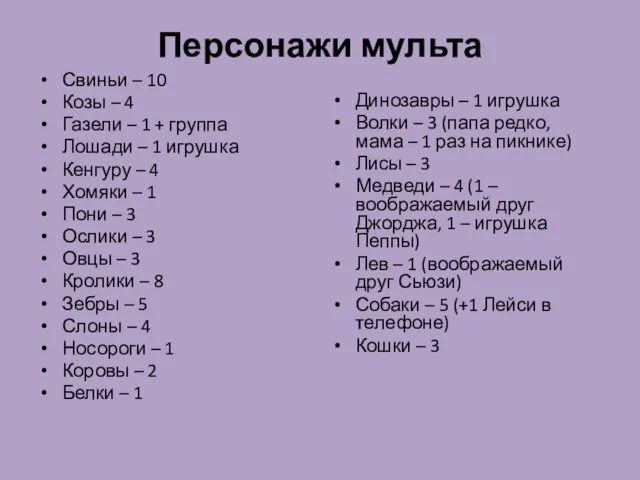 Персонажи мульта Свиньи – 10 Козы – 4 Газели – 1 +