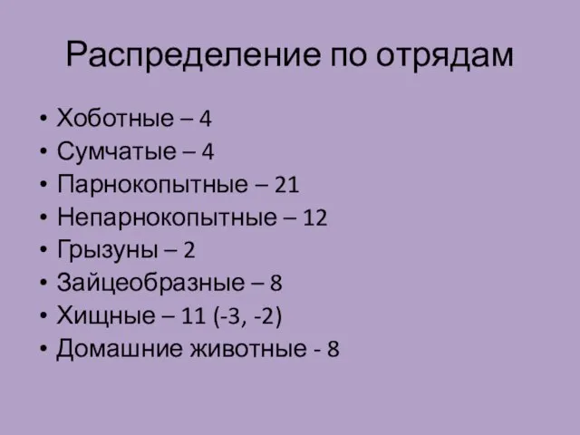 Распределение по отрядам Хоботные – 4 Сумчатые – 4 Парнокопытные – 21