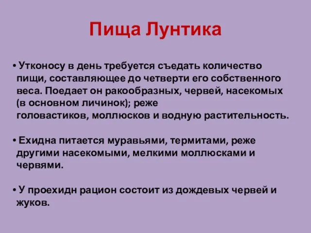 Пища Лунтика Утконосу в день требуется съедать количество пищи, составляющее до четверти