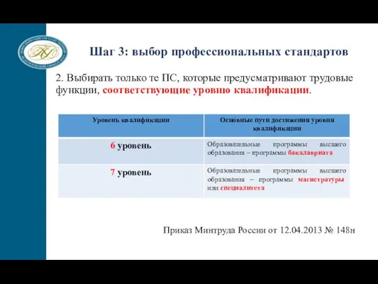 2. Выбирать только те ПС, которые предусматривают трудовые функции, соответствующие уровню квалификации.