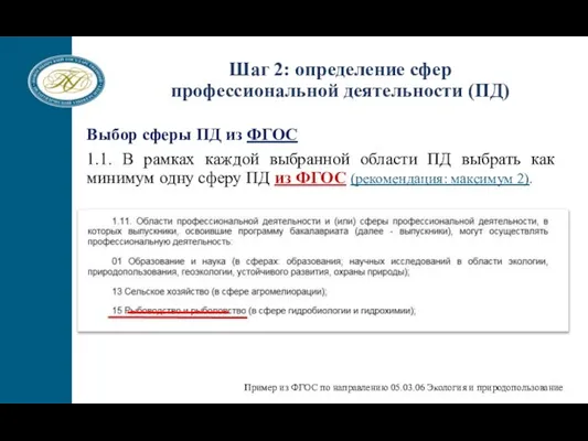 Выбор сферы ПД из ФГОС 1.1. В рамках каждой выбранной области ПД