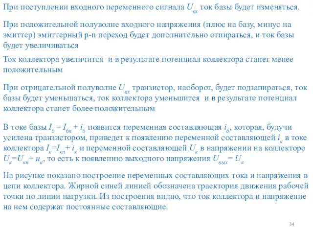 При поступлении входного переменного сигнала Uвх ток базы будет изменяться. При положительной