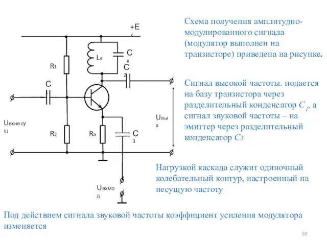 Схема получения амплитудно-модулированного сигнала (модулятор выполнен на транзисторе) приведена на рисунке. Сигнал