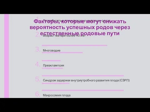 Потребность в преиндукции и индукции родов Возраст матери более 40 лет Многоводие