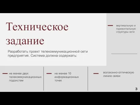 Техническое задание Разработать проект телекоммуникационной сети предприятия. Система должна содержать: не менее