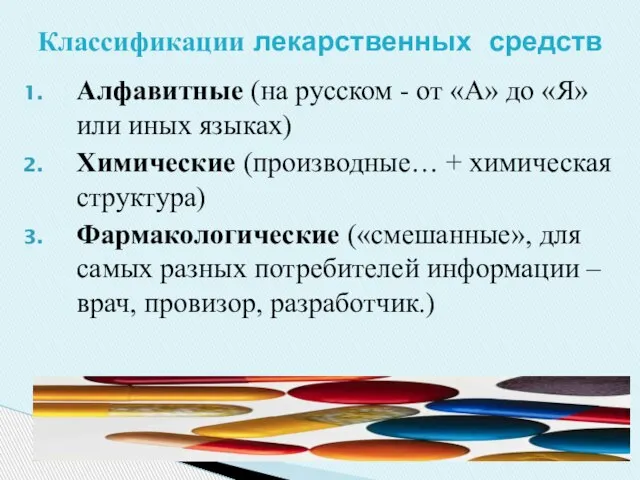 Классификации лекарственных средств Алфавитные (на русском - от «А» до «Я» или
