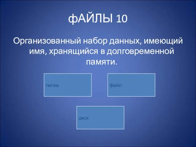 фАЙЛЫ 10 Организованный набор данных, имеющий имя, хранящийся в долговременной памяти. папка файл диск