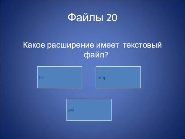 Файлы 20 Какое расширение имеет текстовый файл? txt avi bmp