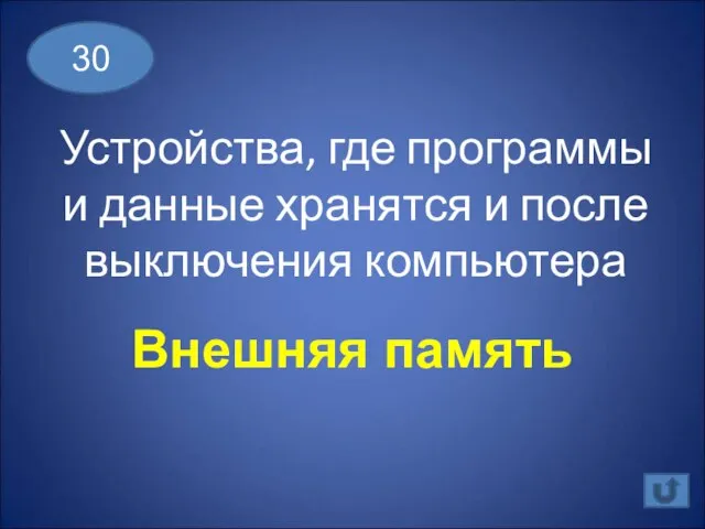 Устройства, где программы и данные хранятся и после выключения компьютера 30 Внешняя память