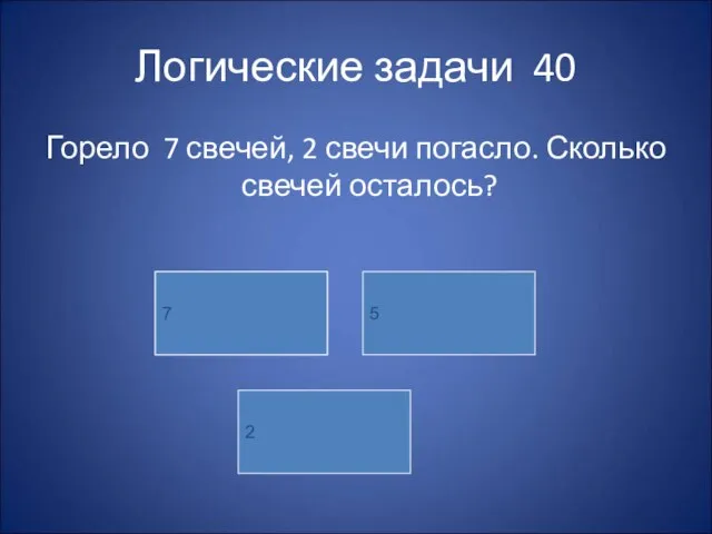 Логические задачи 40 Горело 7 свечей, 2 свечи погасло. Сколько свечей осталось? Орел 7 5 2