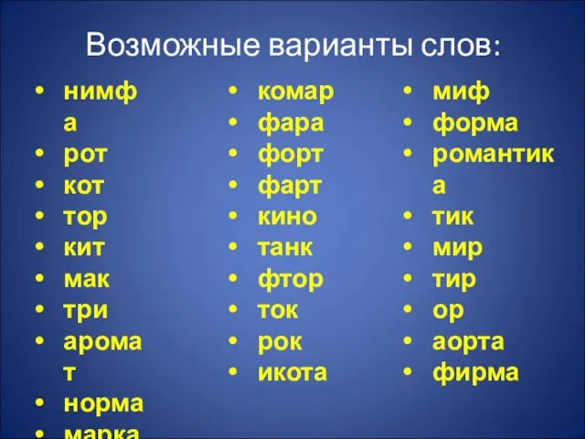 Возможные варианты слов: миф форма романтика тик мир тир ор аорта фирма