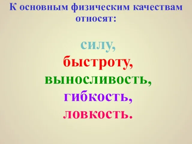 К основным физическим качествам относят: силу, быстроту, выносливость, гибкость, ловкость.