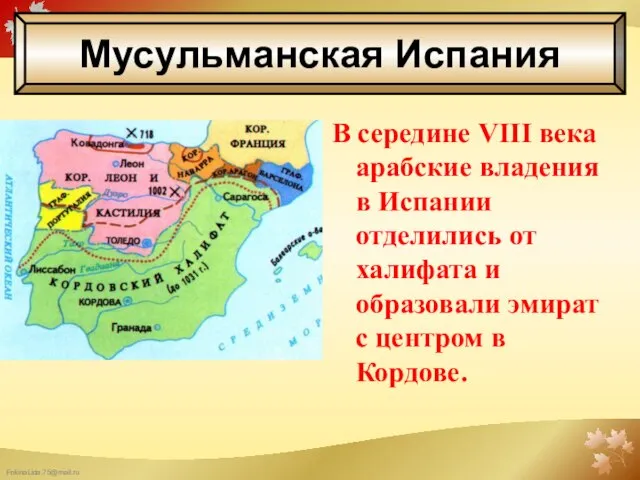 В середине VIII века арабские владения в Испании отделились от халифата и