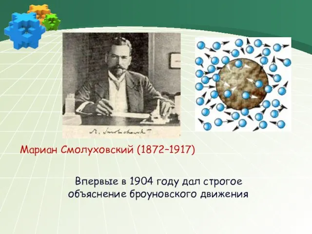 Мариан Смолуховский (1872–1917) Впервые в 1904 году дал строгое объяснение броуновского движения