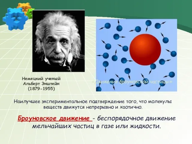 Наилучшее экспериментальное подтверждение того, что молекулы веществ движутся непрерывно и хаотично. Броуновское