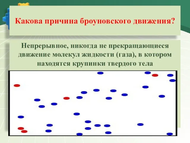 Какова причина броуновского движения? Непрерывное, никогда не прекращающиеся движение молекул жидкости (газа),